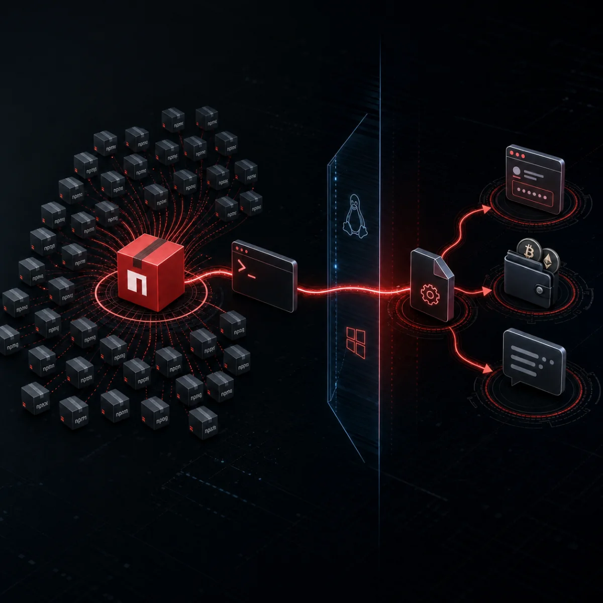 OpenHack research artwork showing npm lookalike packages connected to a Windows and WSL infostealer campaign