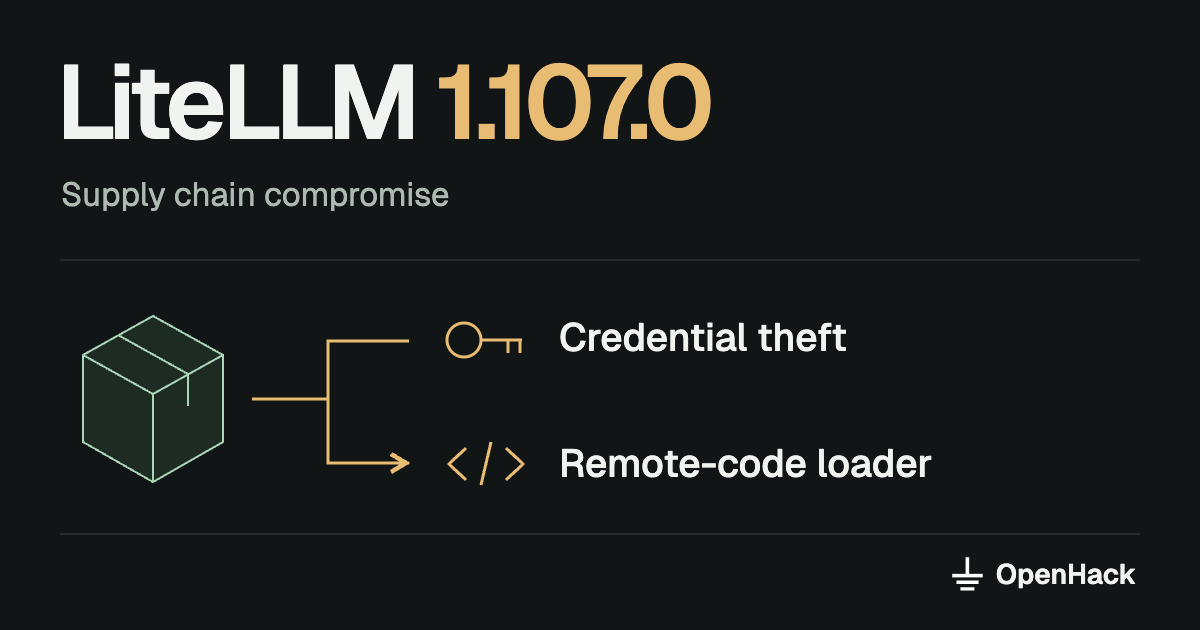 LiteLLM 1.107.0 supply chain compromise: credential theft and remote-code loader.