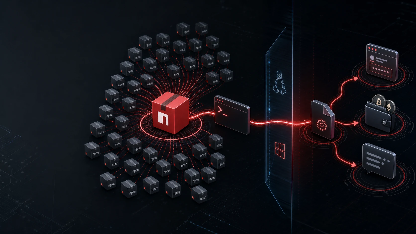 Thirty-seven npm typosquat packages converging through Windows and WSL into an infostealer targeting credentials, cryptocurrency wallets, and Telegram data