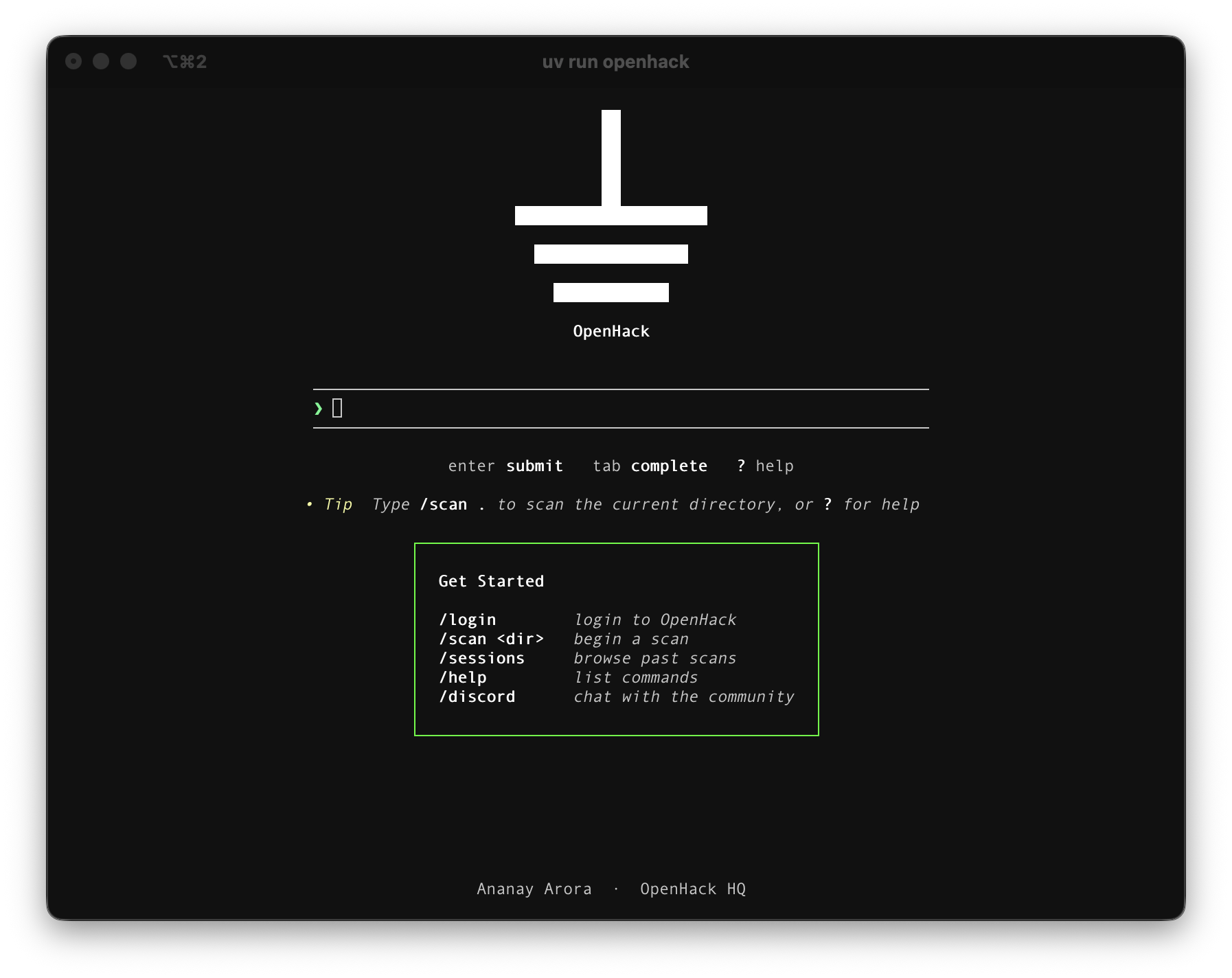 The OpenHack TUI on first run. Log in, then /scan . to start hunting.